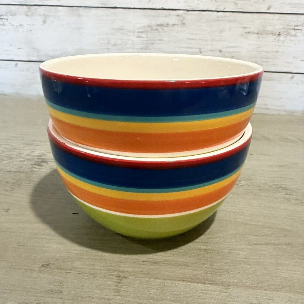 Set Of 2 PIER 1 Imports Soup/Cereal Bowls “Summer Stripes” Ironware RARE Vintage